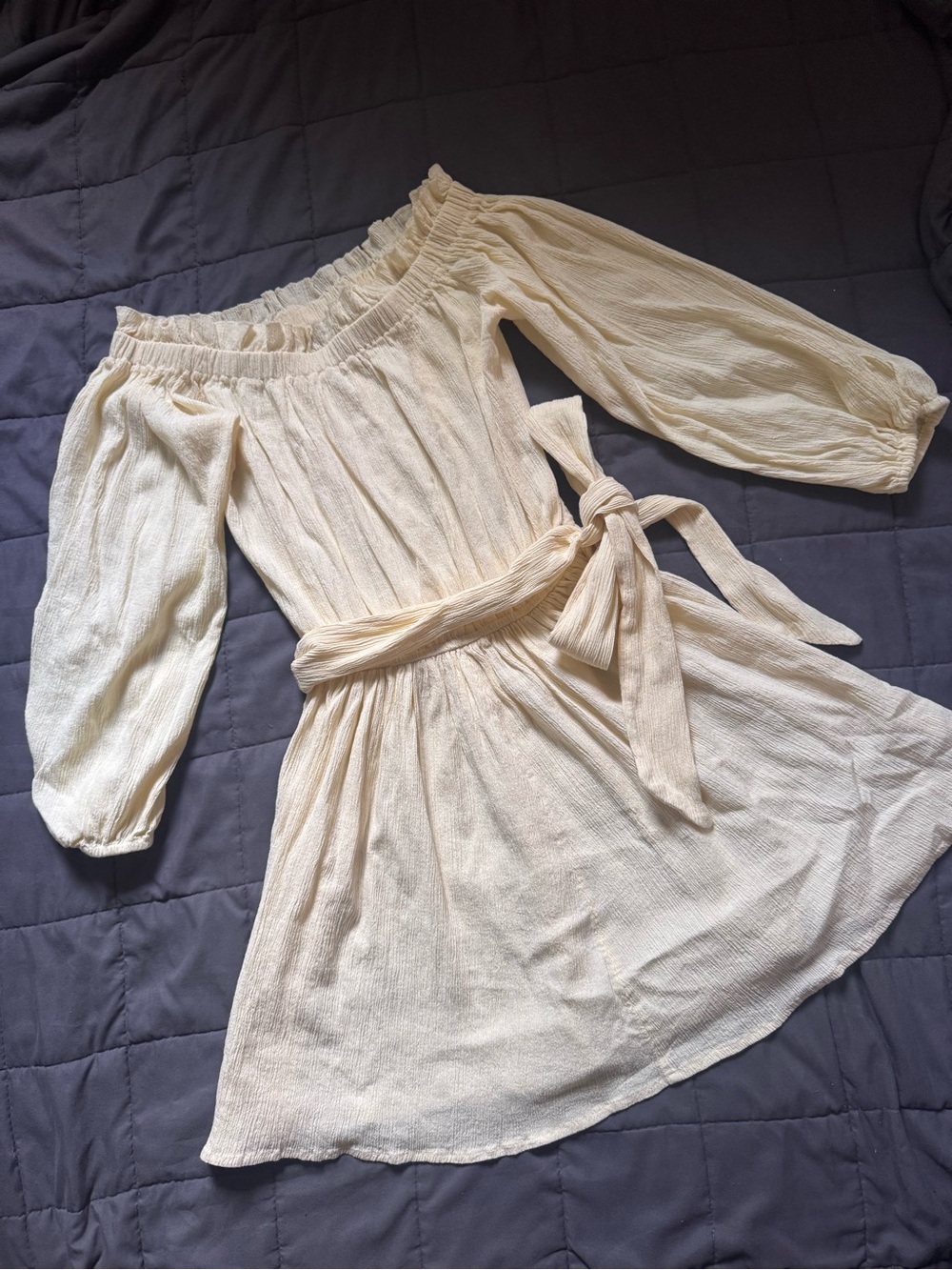 ASOS DESIGN off shoulder super crinkle beach mini dress in natural - Picture 2 of 6
